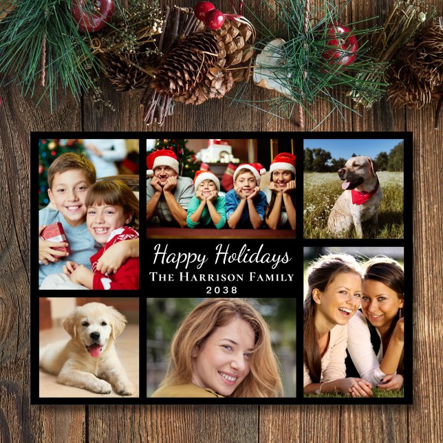 Happy Holidays 6 Photo Collage Christmas Black Holiday Card (Creator Uploaded)