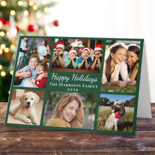 Happy Holidays 6 Photo Collage Green Christmas Holiday Card