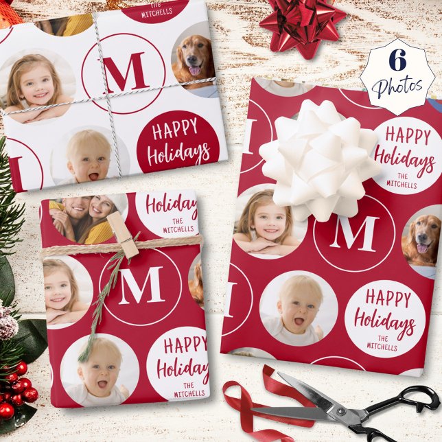 Happy Holidays 6 Photos Monogram Red White Wrapping Paper Sheet (Creator Uploaded)