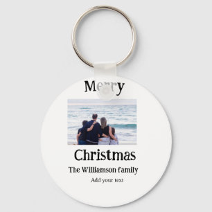 Happy holidays add family name photo Christmas Key Ring