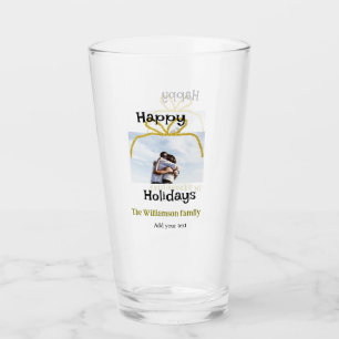 Happy holidays add family name photo gold bow glass