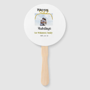 Happy holidays add family name photo gold bow hand fan