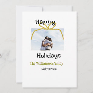 Happy holidays add family name photo gold bow invitation