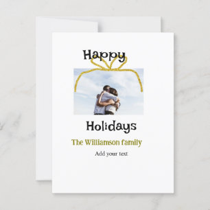 Happy holidays add family name photo gold bow postcard