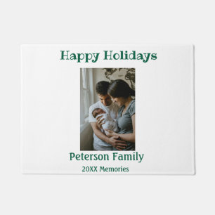 Happy holidays add family photo green Christmas fa Doormat