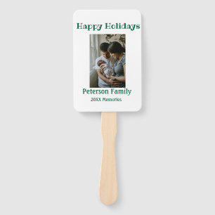 Happy holidays add family photo green Christmas fa Hand Fan