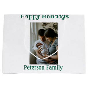 Happy holidays add family photo green Christmas fa Large Gift Bag