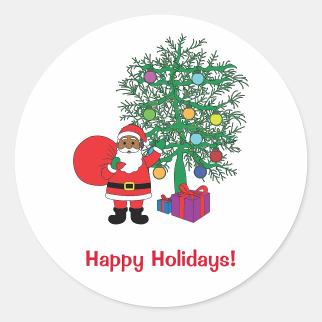 Happy Holidays African American Santa Claus Family Classic Round Sticker (Front)