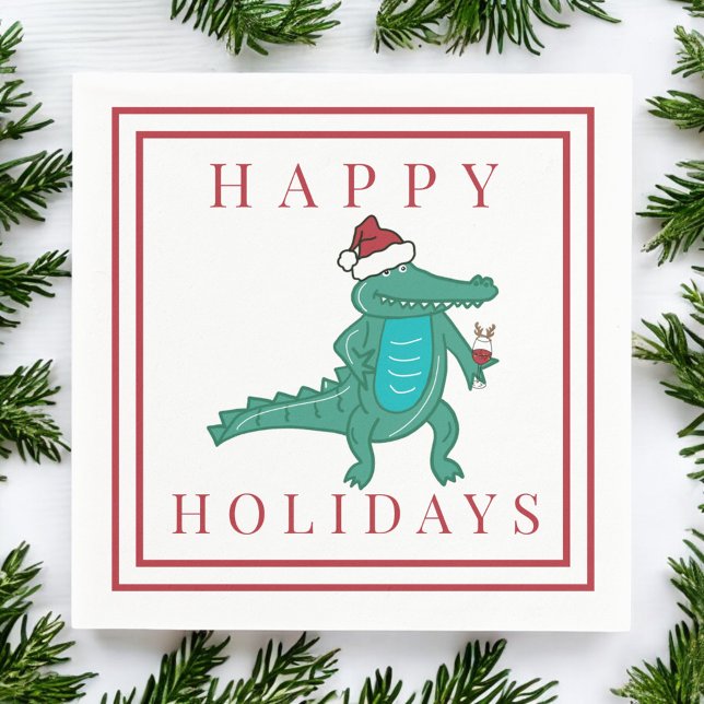 Happy Holidays Alligator Santa Reindeer Wine Napkin (Creator Uploaded)