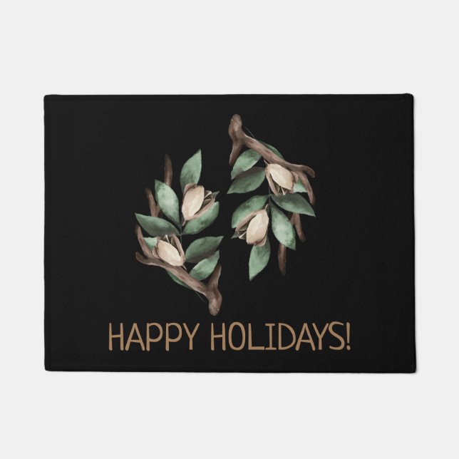 Happy Holidays Antler with green branch Doormat (Front)