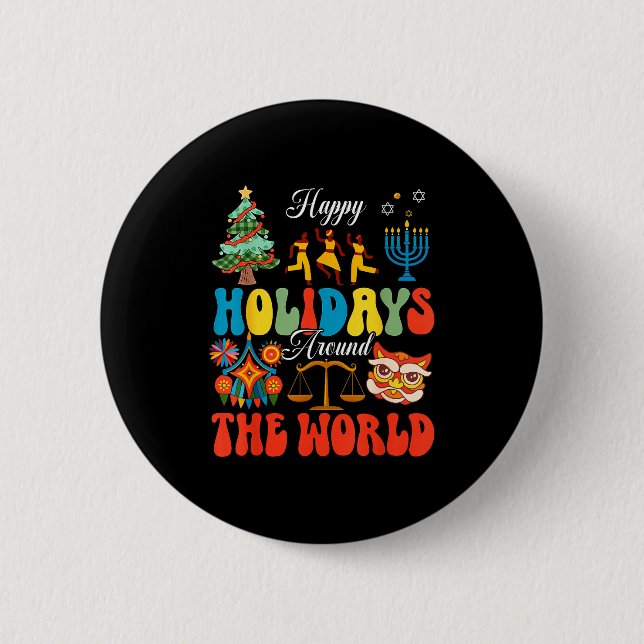 Happy Holidays Around World Christmas Hanukkah Diw 6 Cm Round Badge (Front)