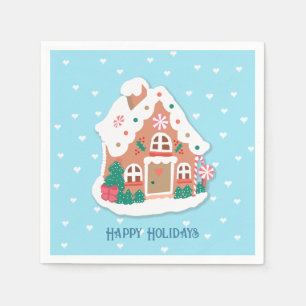 Happy Holidays Baby Blue Snowy Gingerbread House Napkin
