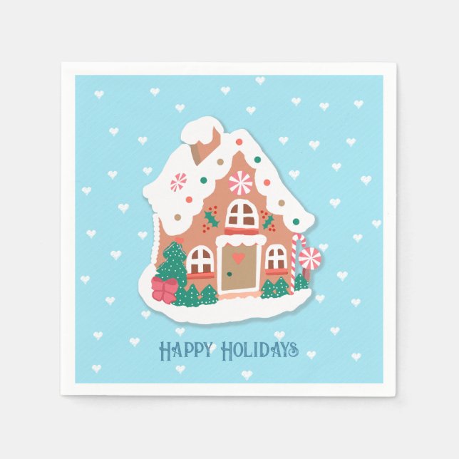 Happy Holidays Baby Blue Snowy Gingerbread House Napkin (Front)