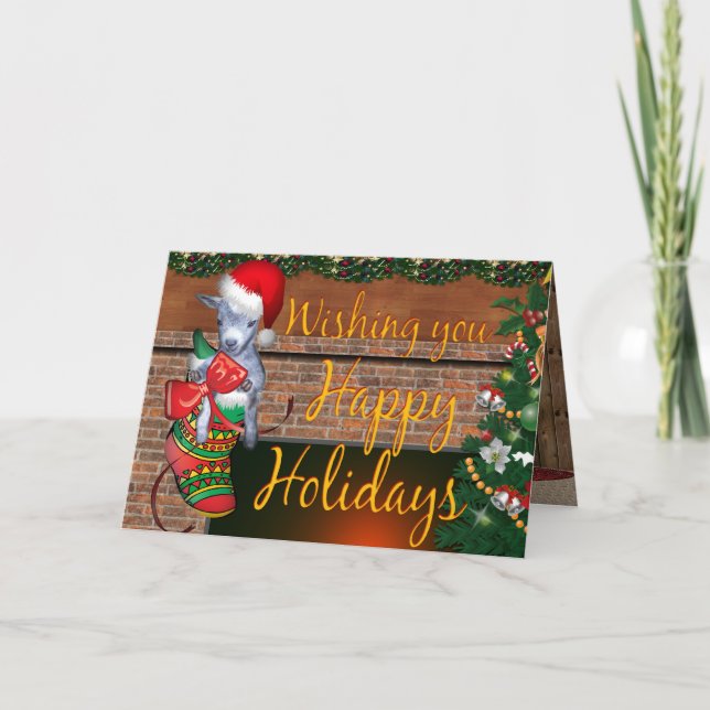 Happy Holidays Baby Goat in Stocking Holiday Card (Front)