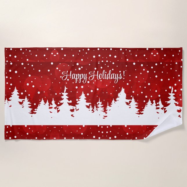 Happy Holidays Beach Towel (A festive holiday beach towel featuring a snowy forest scene with the Text "Happy Holidays"!)