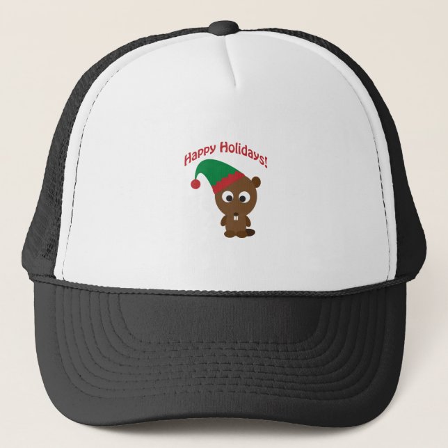 Happy Holidays! Beaver Christmas Elf Trucker Hat (Front)