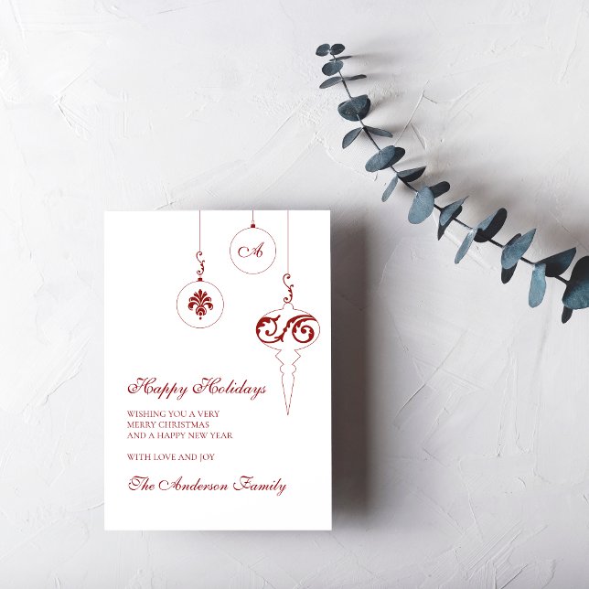  Happy Holidays Berry Red Monogram Bauble Photo Holiday Card (Creator Uploaded)