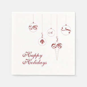 Happy Holidays Berry Red Monogram Bauble Square Napkin