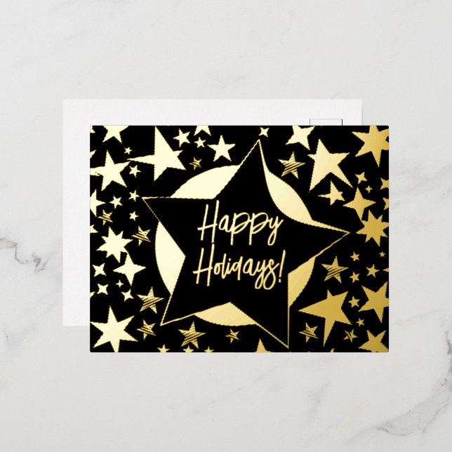 Happy Holidays Black and Gold Stars Christmas Foil Holiday Postcard (Front/Back)
