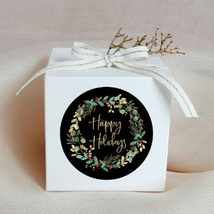 Happy Holidays Black and Modern Faux Gold Wreath Classic Round Sticker
