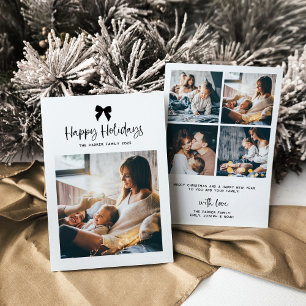 Happy Holidays Black and White Bow with Photo Holiday Card