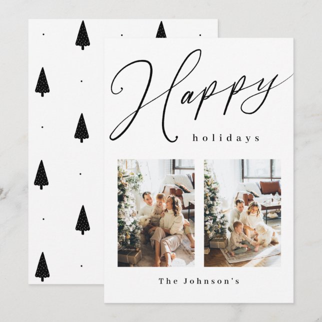 Happy Holidays Black and White Photo Holiday Card (Front/Back)