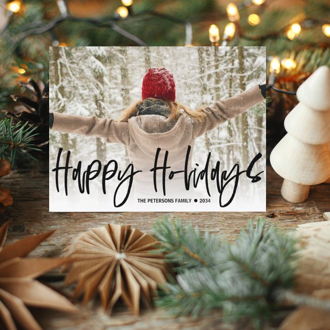  Happy Holidays Black Calligraphy Photo Christmas  Postcard (Creator Uploaded)