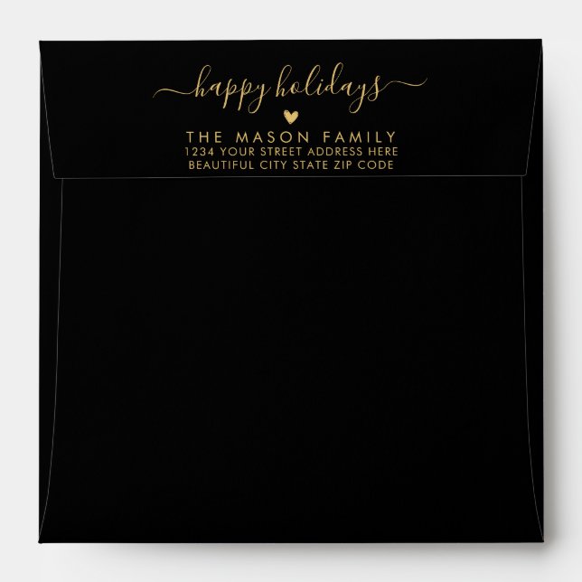 Happy Holidays Black Gold Family Return Address Envelope (Back (Top Flap))