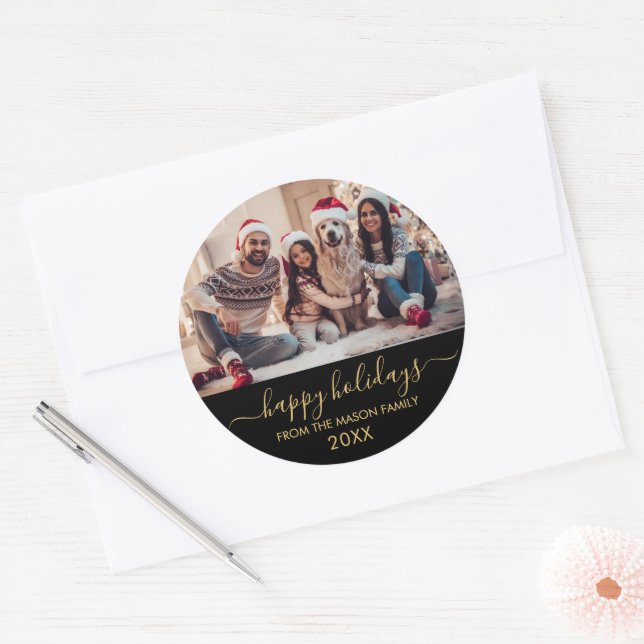  Happy Holidays Black Gold Script Family Photo Classic Round Sticker (Envelope)