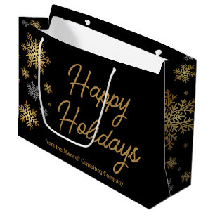 Happy Holidays Black Gold Snowflakes Customised Large Gift Bag