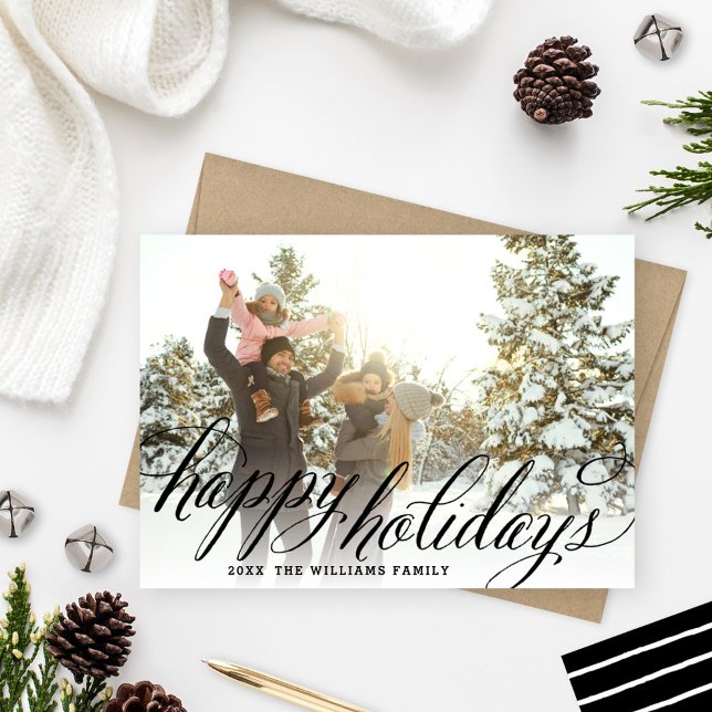 Happy Holidays Black Handwritten Script Photo Holiday Card (Creator Uploaded)