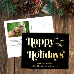 Happy Holidays Black Photo Christmas Foil Holiday Postcard