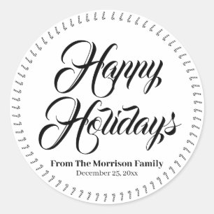 Happy Holidays black white custom name candy cane Classic Round Sticker