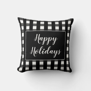 Happy Holidays Black White Plaid Cushion