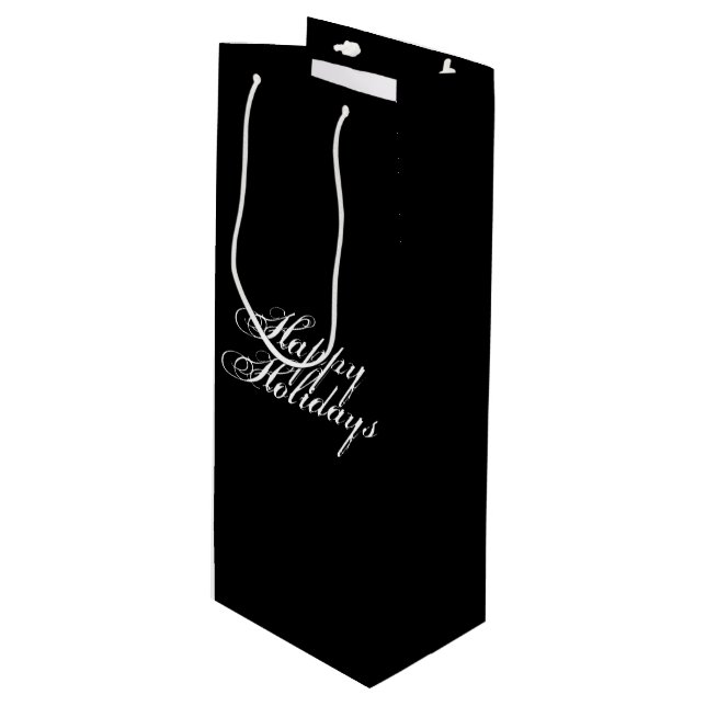 Happy Holidays black white script elegant Wine Gift Bag (Front Angled)