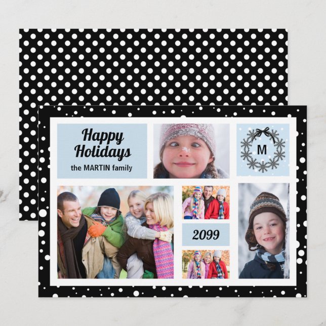Happy Holidays Blue and Black Christmas 5 Photo Holiday Card (Front/Back)