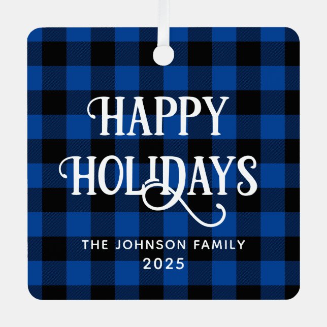 Happy Holidays Blue Buffalo Plaid Family Photo Metal Tree Decoration (Front)
