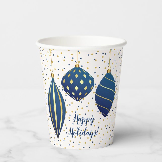 Happy Holidays Blue Gold Christmas Ornaments  Paper Cups (Back)