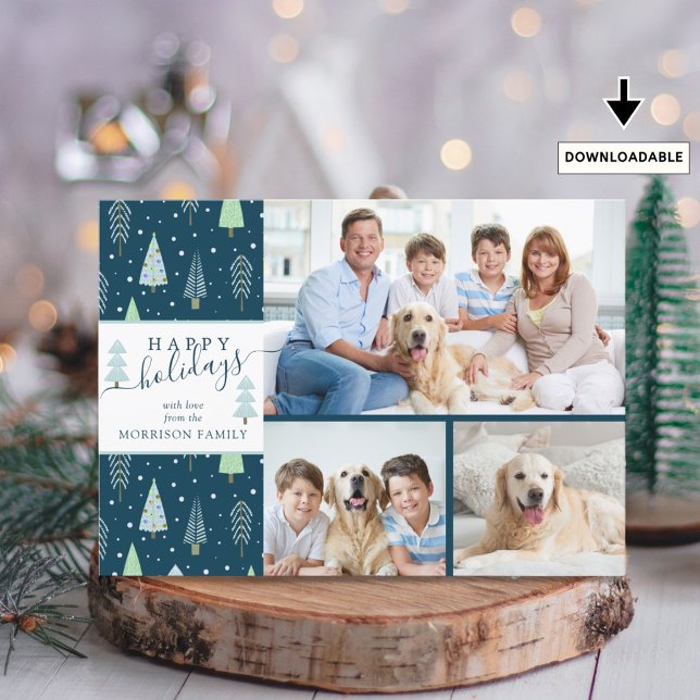 HAPPY HOLIDAYS Blue Green Trees Script 3 Photos Holiday Card (Creator Uploaded)