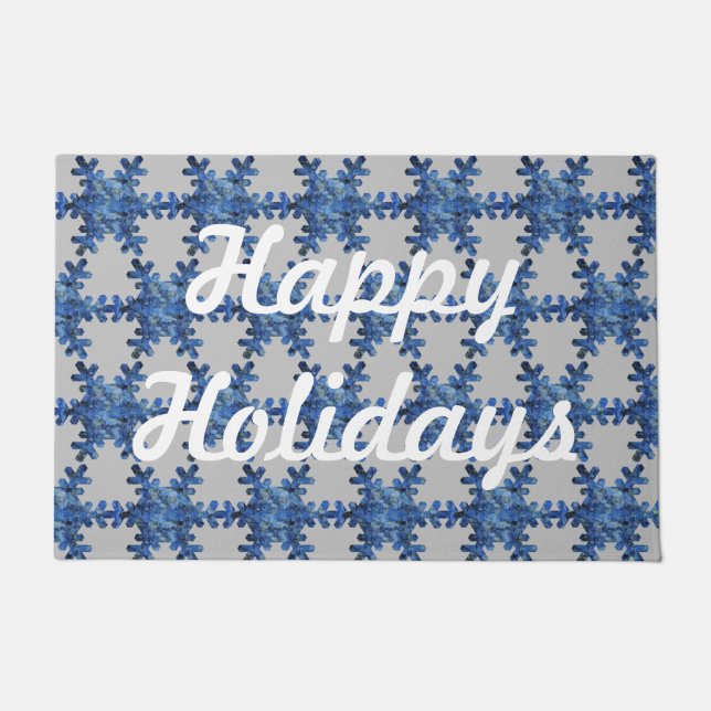 Happy Holidays Blue Hydrangea Snowflake Door Mat (Front)
