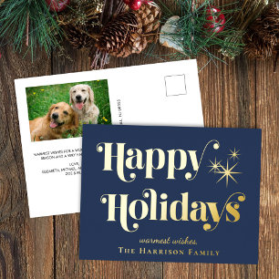 Happy Holidays Blue Photo Christmas Foil Holiday Postcard