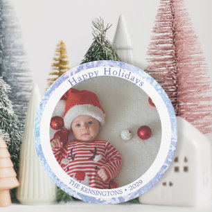 Happy Holidays Blue Round Snowflake Holiday Card