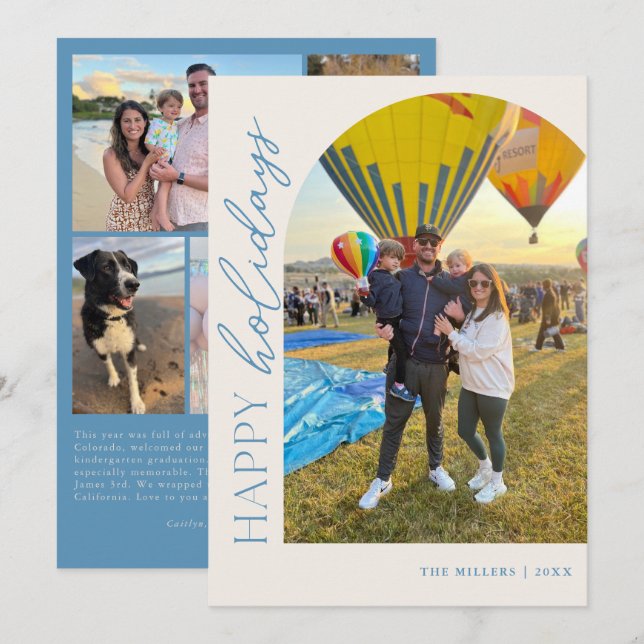 Happy Holidays Blue Script 5 Photo Arch With Text Holiday Card (Front/Back)