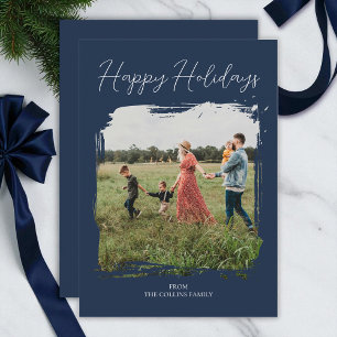 Happy Holidays Blue Script Modern Minimal Photo Holiday Card
