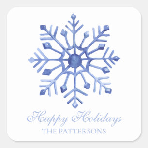 Happy Holidays Blue Snowflake Family Name Square Sticker