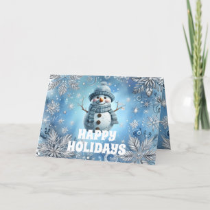 Happy Holidays Blue Snowman Winter Scene Holiday Card