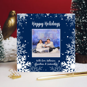Happy Holidays Blue & White Snowflakes Photo   Holiday Card