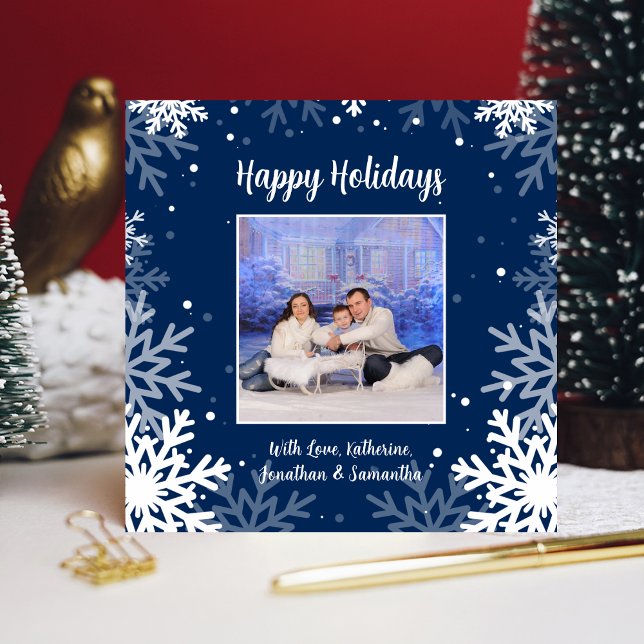 Happy Holidays Blue & White Snowflakes Photo   Holiday Card (Creator Uploaded)