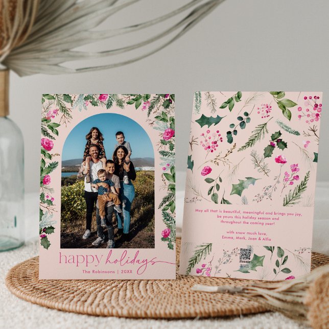 Happy Holidays Blush Pink Botanical Arch Photo Holiday Card (Creator Uploaded)
