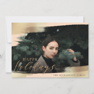Happy Holidays Blush Pink & Gold Foil Brush Photo Holiday Card